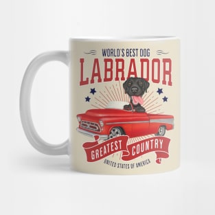 classic truck with red white and blue Black Labrador Retriever in Red Truck Mug